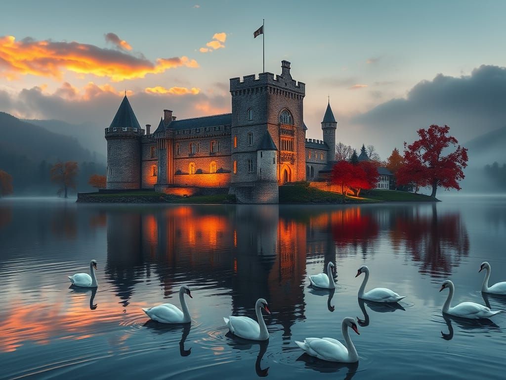 Majestic Castle on Lake with Amber Runes and Swans