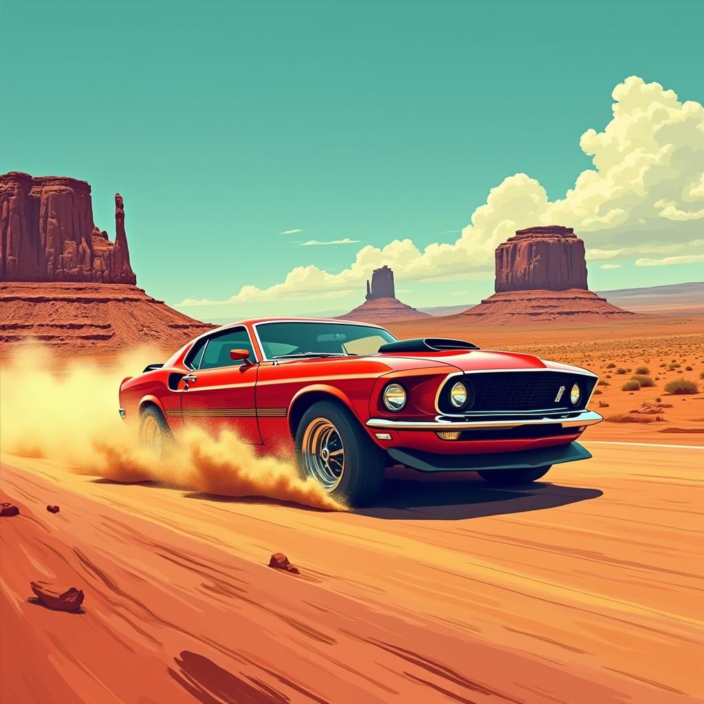 Vibrant Red Ford Mustang Speeds Across Desert Landscape