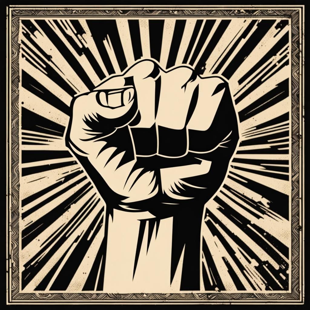 Art by Shepard Fairey, graphic illustration of a raised fist, emblematic of solidarity and empowerment, stark contrast, ...