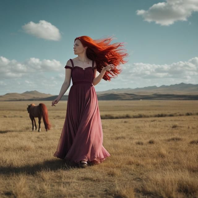 Red-Haired Woman with Ghost Horse in Dramatic Lighting