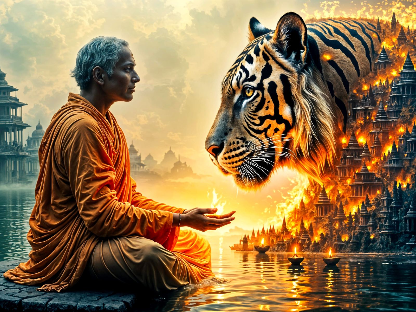 Majestic Bengal Tiger Unites with Hindu Priest in Sacred Var...