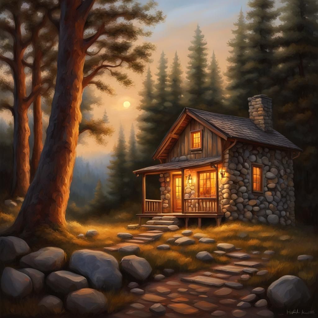 Charming Forest Cabin at Twilight: Hyper-Realistic Oil Paint...