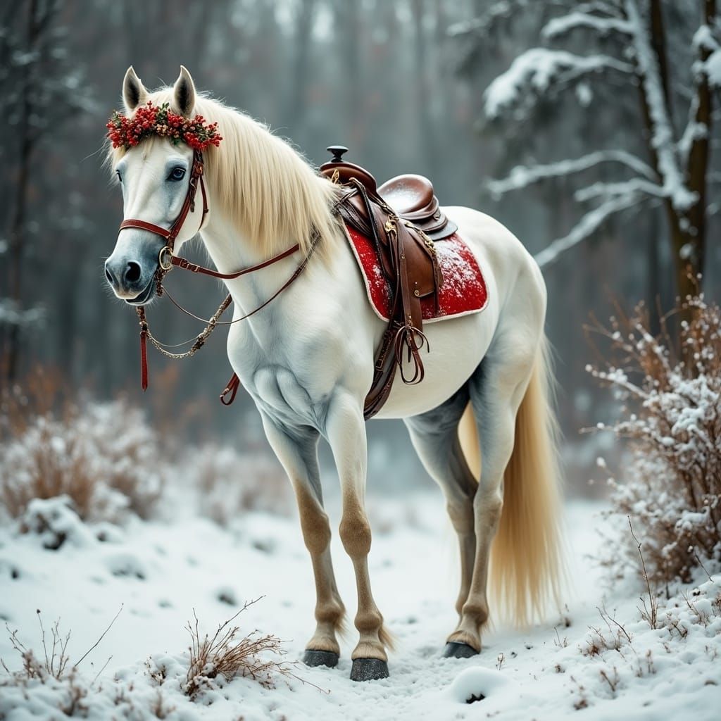 Elegant White Horse in Winter Wonderland