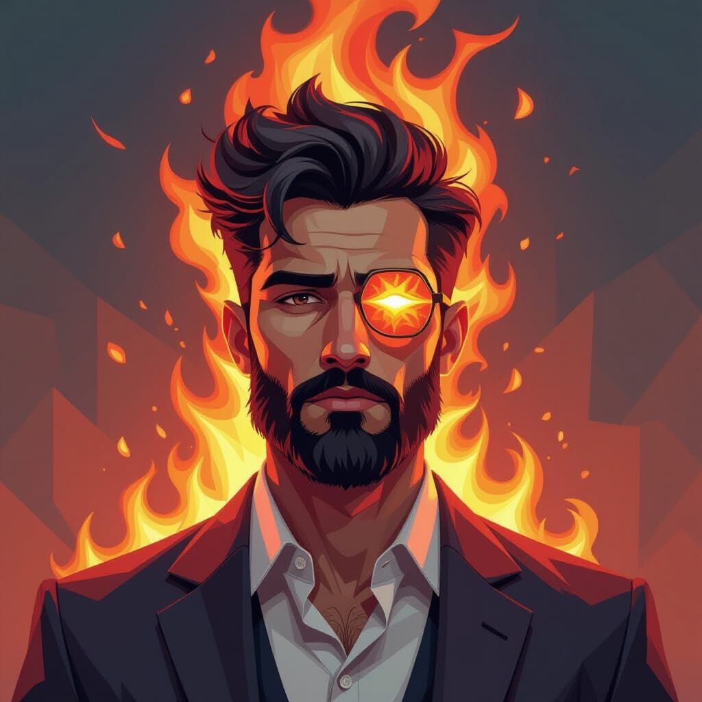 Geometric Cubist Portrait of Fiery Superhero