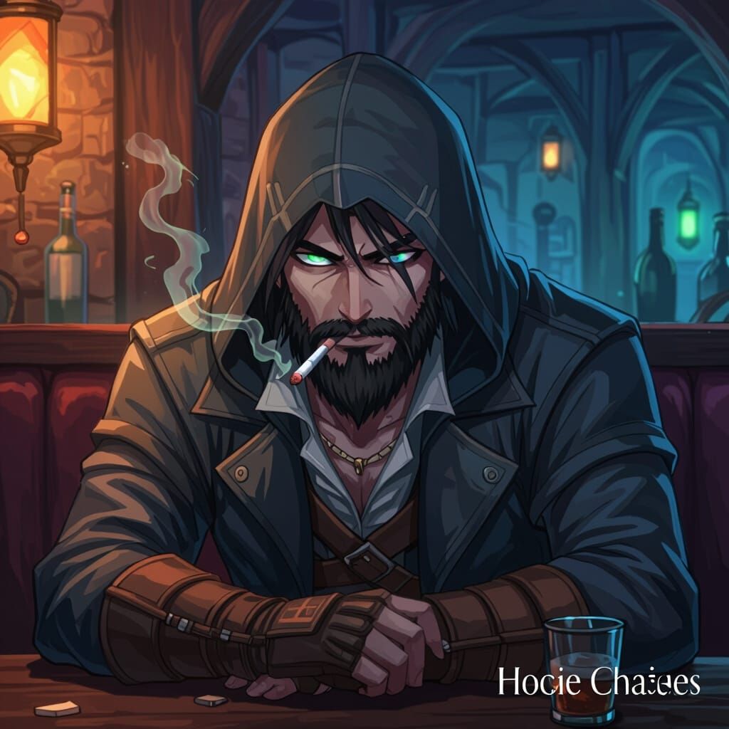 Rogue Sorcerer with Green Aura in Dark Tavern