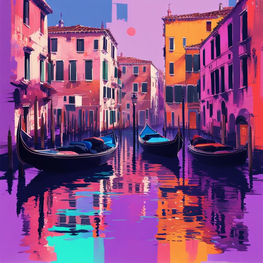 Glitch Art Venice Cityscape in Neon Watercolor