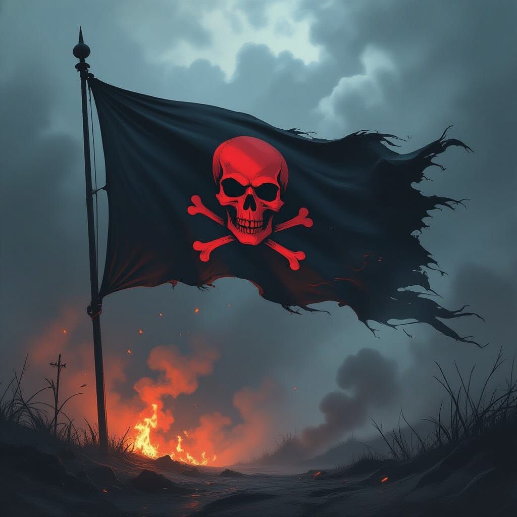 Tattered Black Flag with Red Skull in Stormy Sky