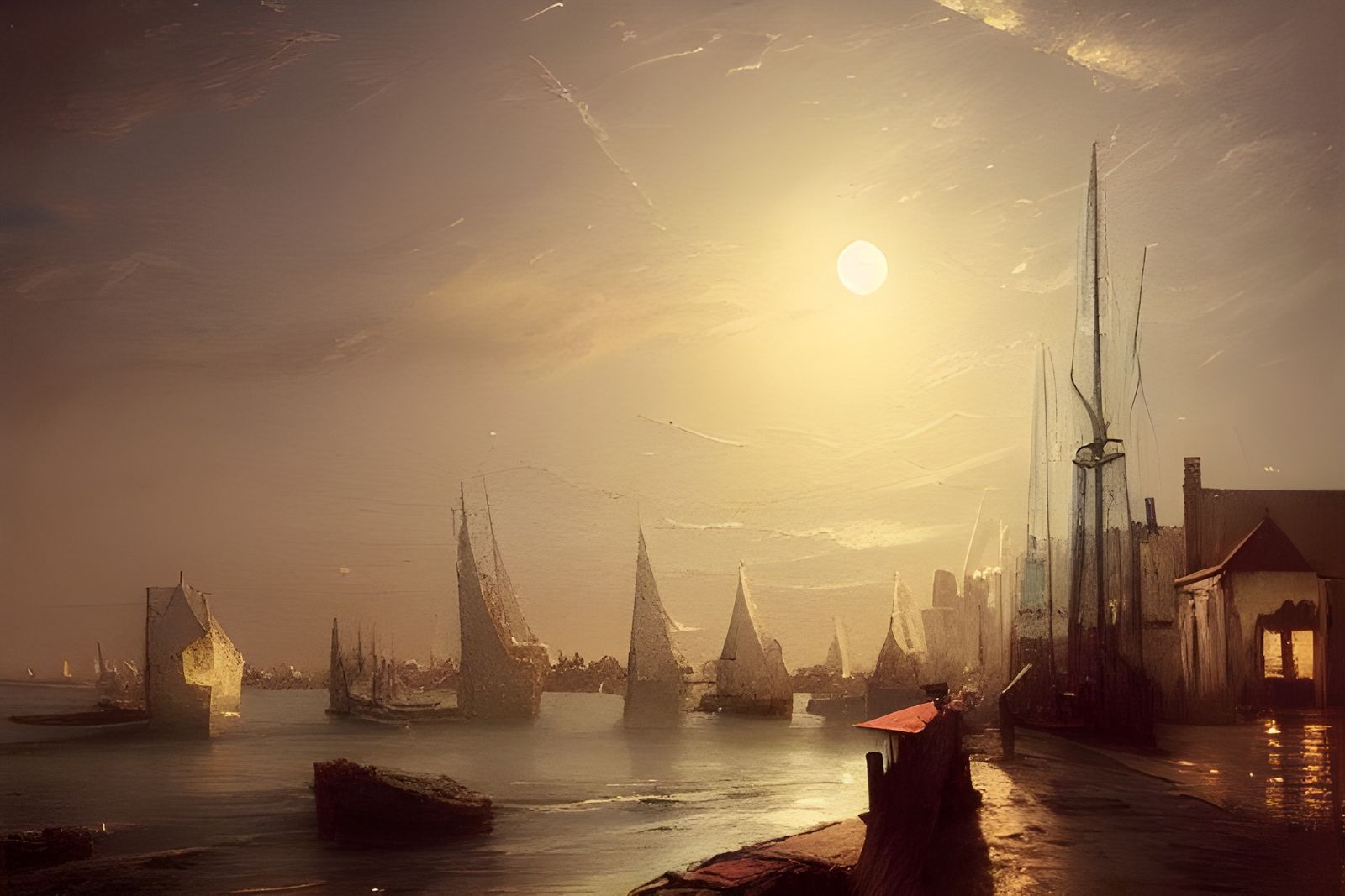 Moonlit Rustic Port Town: Detailed Oil Painting