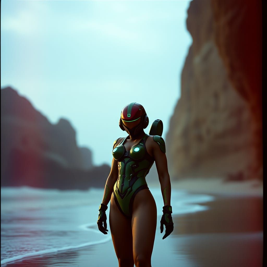 Samus Aran in Futuristic Swimsuit on Beach