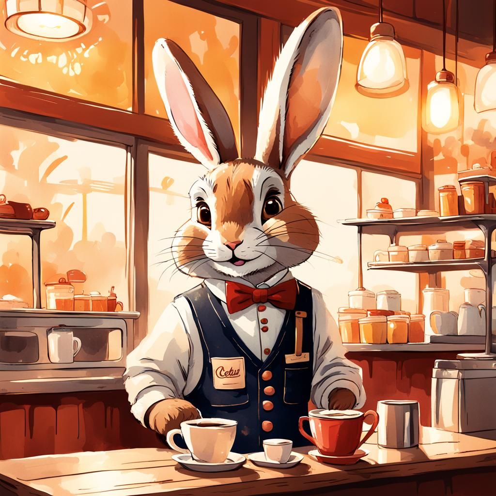 Rabbit Waitress in Cozy Diner: Whimsical Illustration