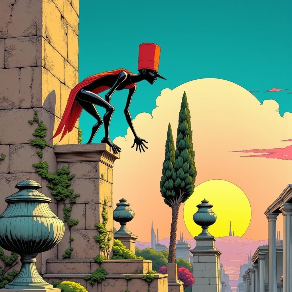 Moebius Style Pickpocket Climbs Greek Garden Wall