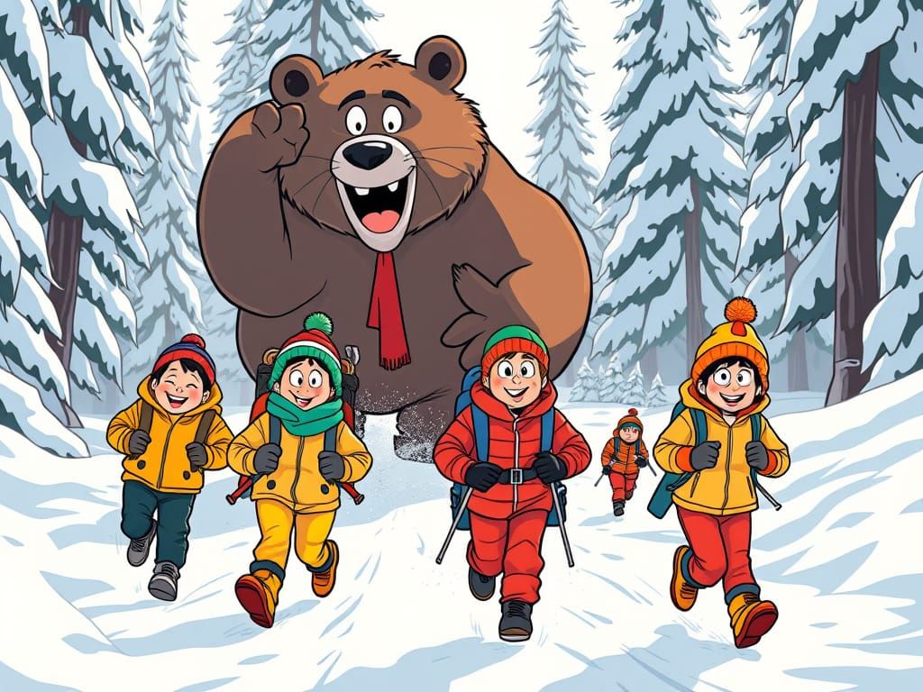 Tourists in a Colorful Winter Wonderland Run from a Goofy Be...