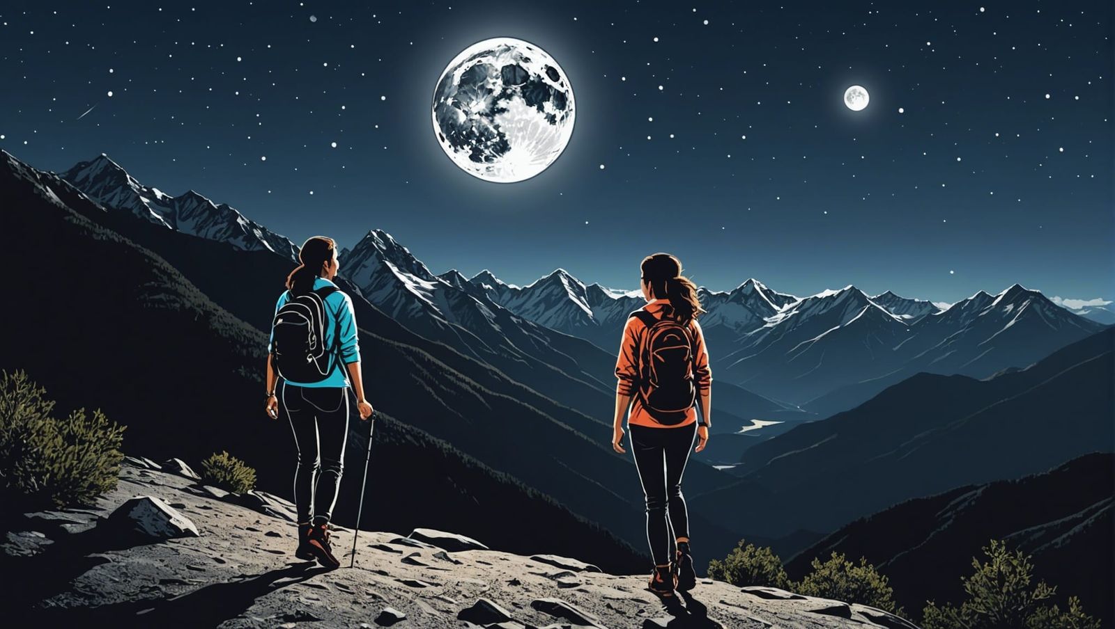 Latina Woman Hiking Under Moonlight, Halftone Style