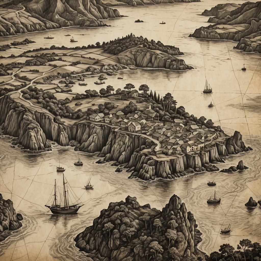 Island Map in Charcoal with Villages and Forests