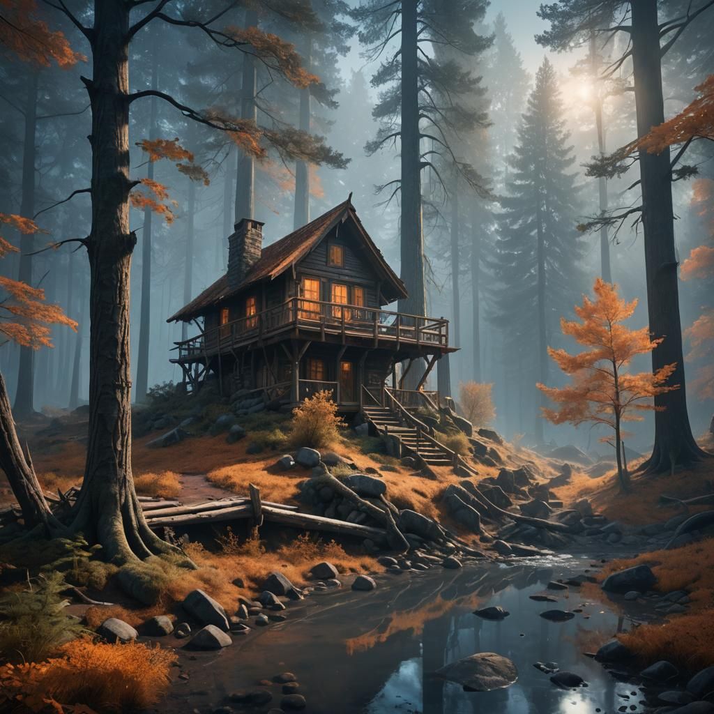 Cozy Cabin in Misty Forest Concept Art