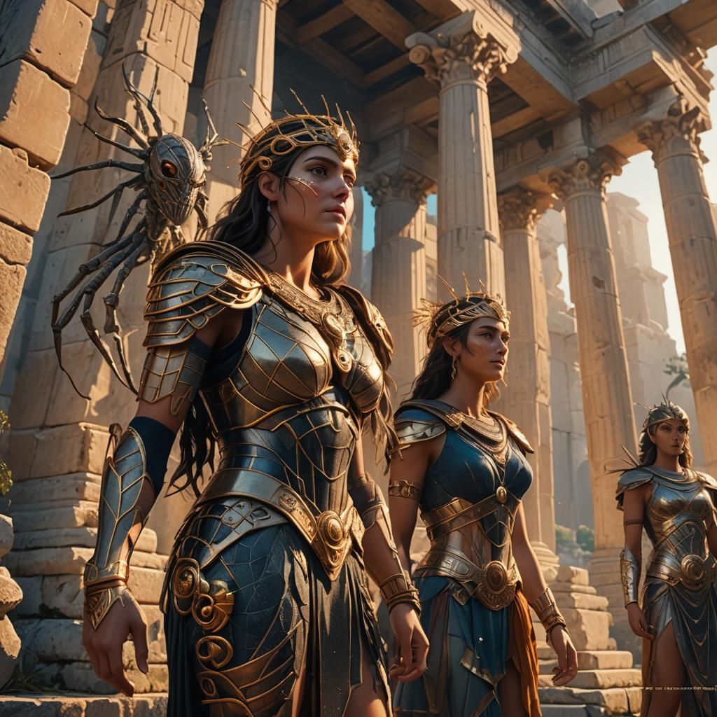 Arachne and Athena in Ancient Greek Ruins