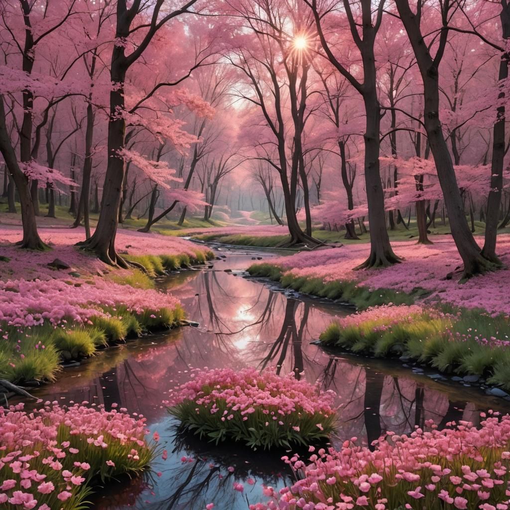 Pink Floral Landscape with Reflected Sunlight