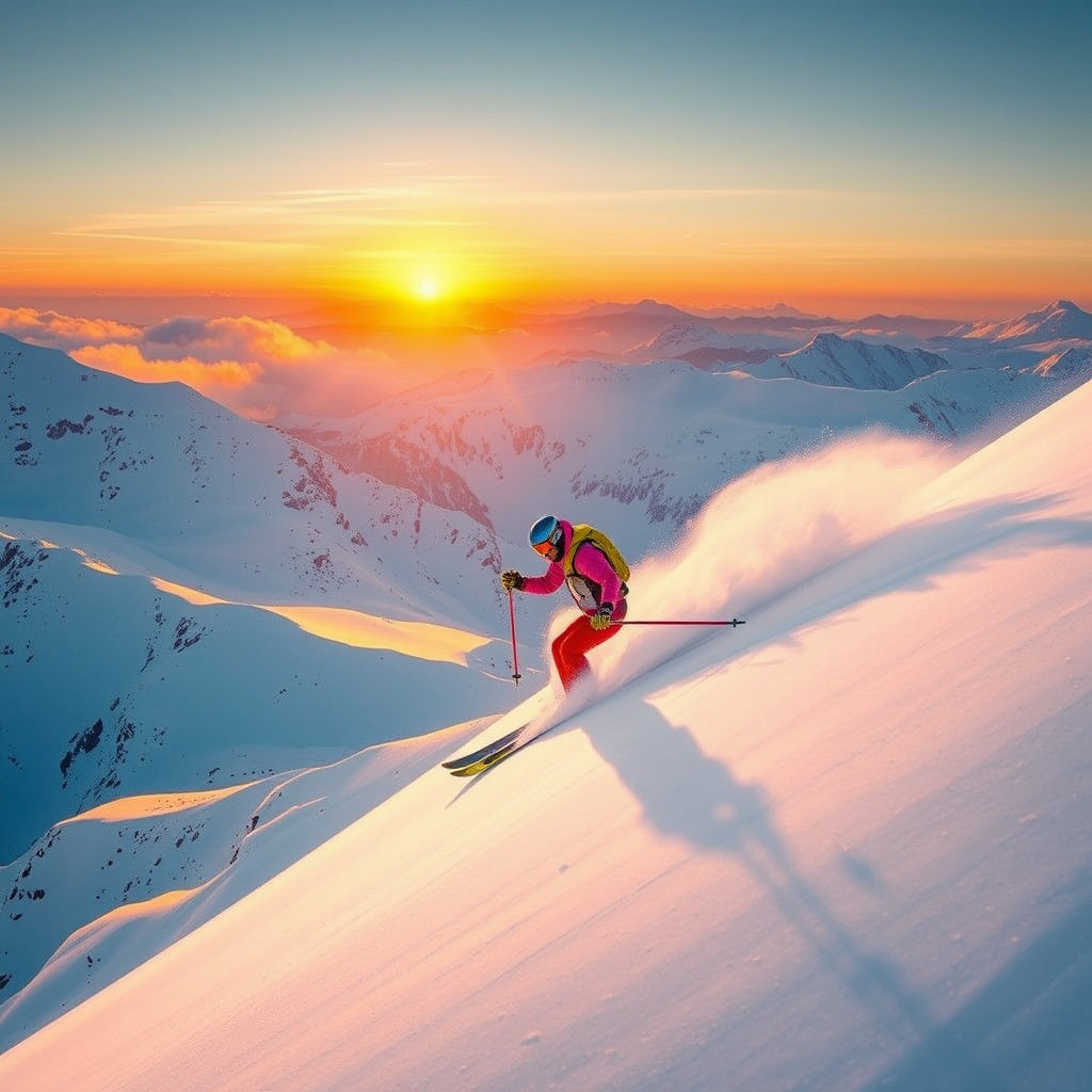 Skier Descending Mountain at Sunrise: A Digital Painting