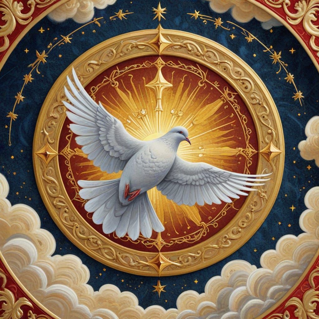 Dove Descends Towards Sun in Medieval Illuminated Style
