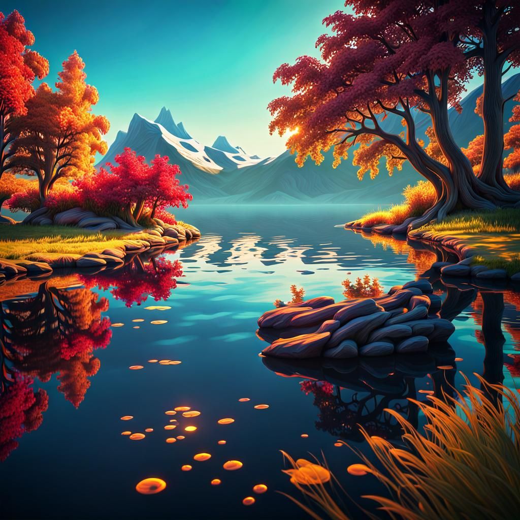 Calm Lake Illustration with Glassy Liquid Effect