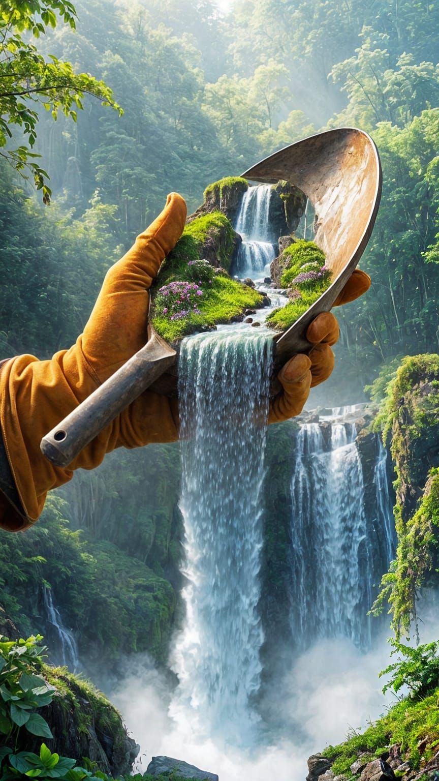 Surreal Miniature Landscape Waterfall in Shovel