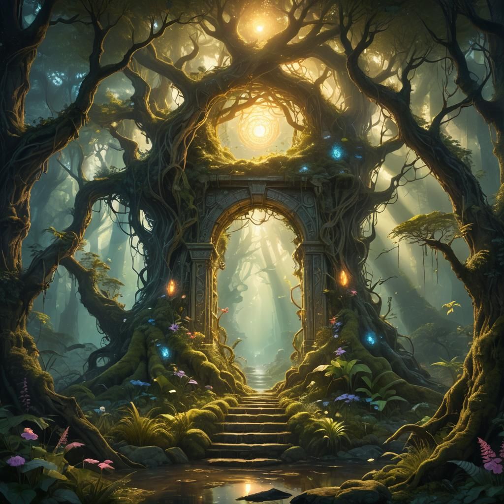 Ethereal Portal in Mystical Forest: Fantasy Art
