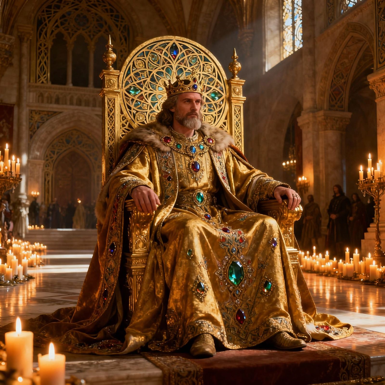 Majestic King in Jewel-Encrusted Robes on Golden Throne