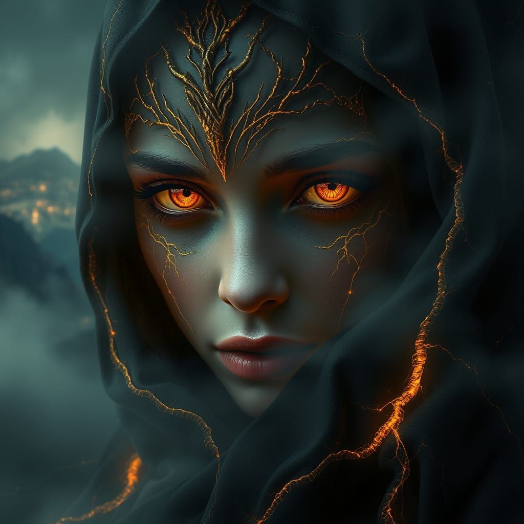 Enigmatic Goddess in a Golden Misty Realm