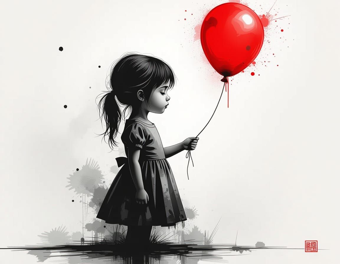 Girl With Red Balloon in Stylized Polygon Art