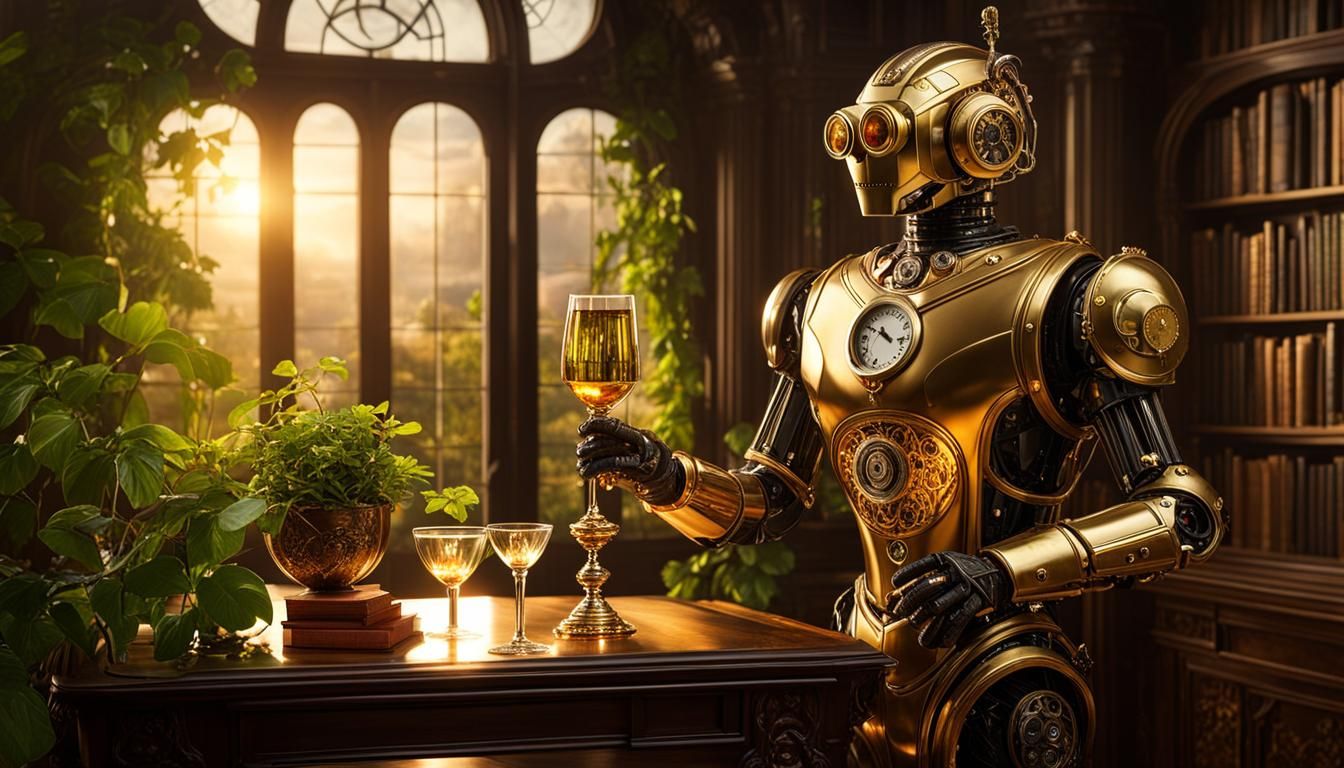 Golden Robot Butler in Steampunk Library
