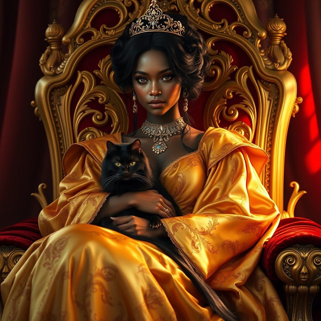 Regal Dark-Skinned Queen in Golden Silk Gown on Throne with ...