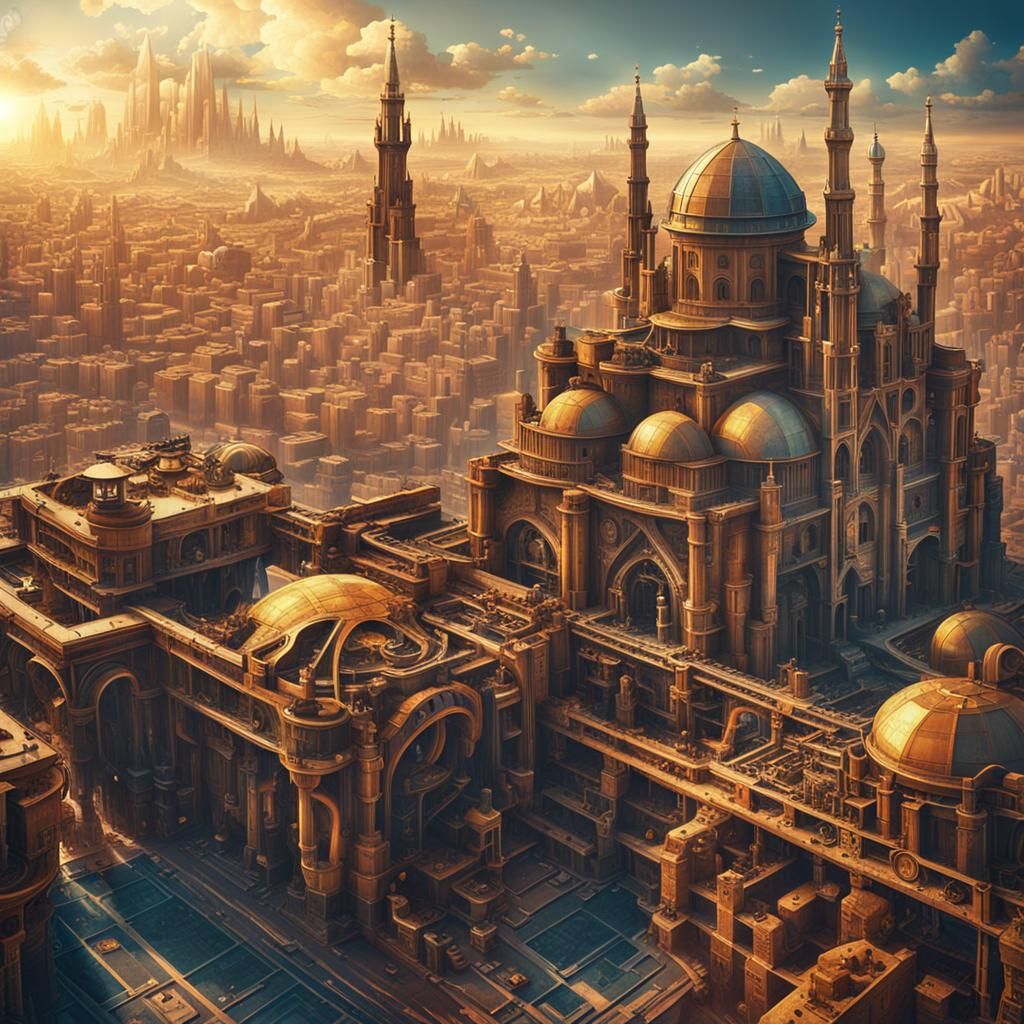 Steampunk Egyptian Metropolis with Escher-inspired Geometry