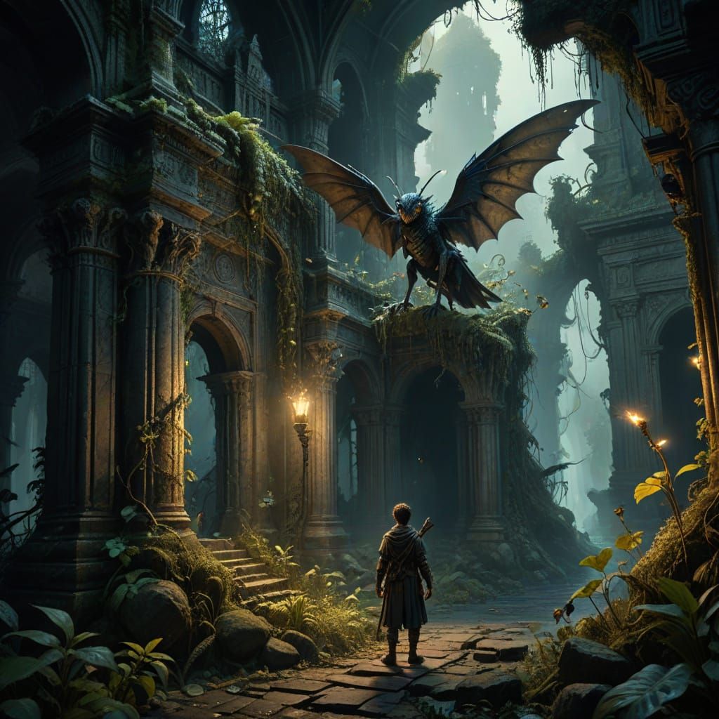 Adventurer at Crumbling Temple with Bioluminescent Insects