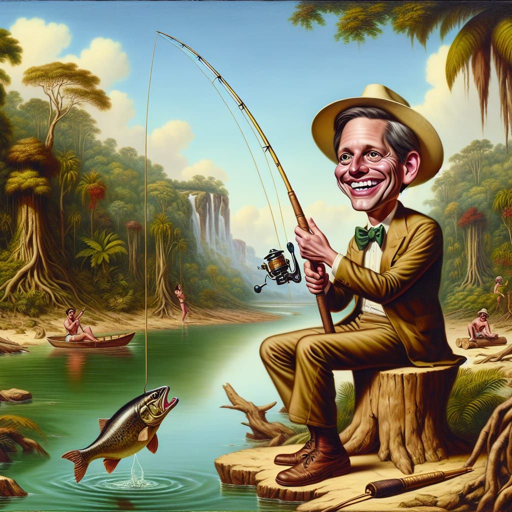 Funny Caricature: Politician Fishing in a Jungle