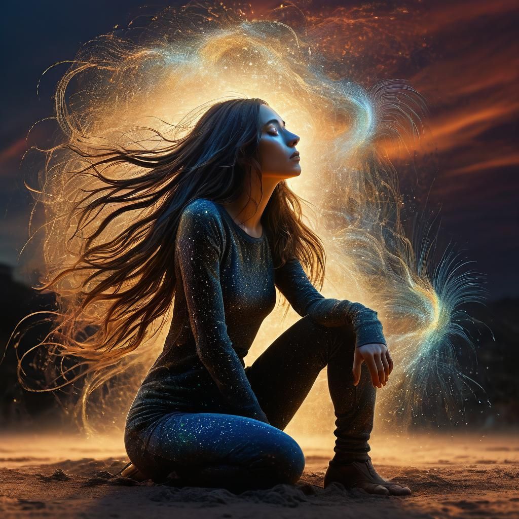 Surreal Woman with Rhytidocaulon in Dreamlike Sunset