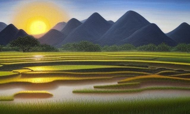 Rice Paddy Sunrise: An Oil Painting Masterpiece