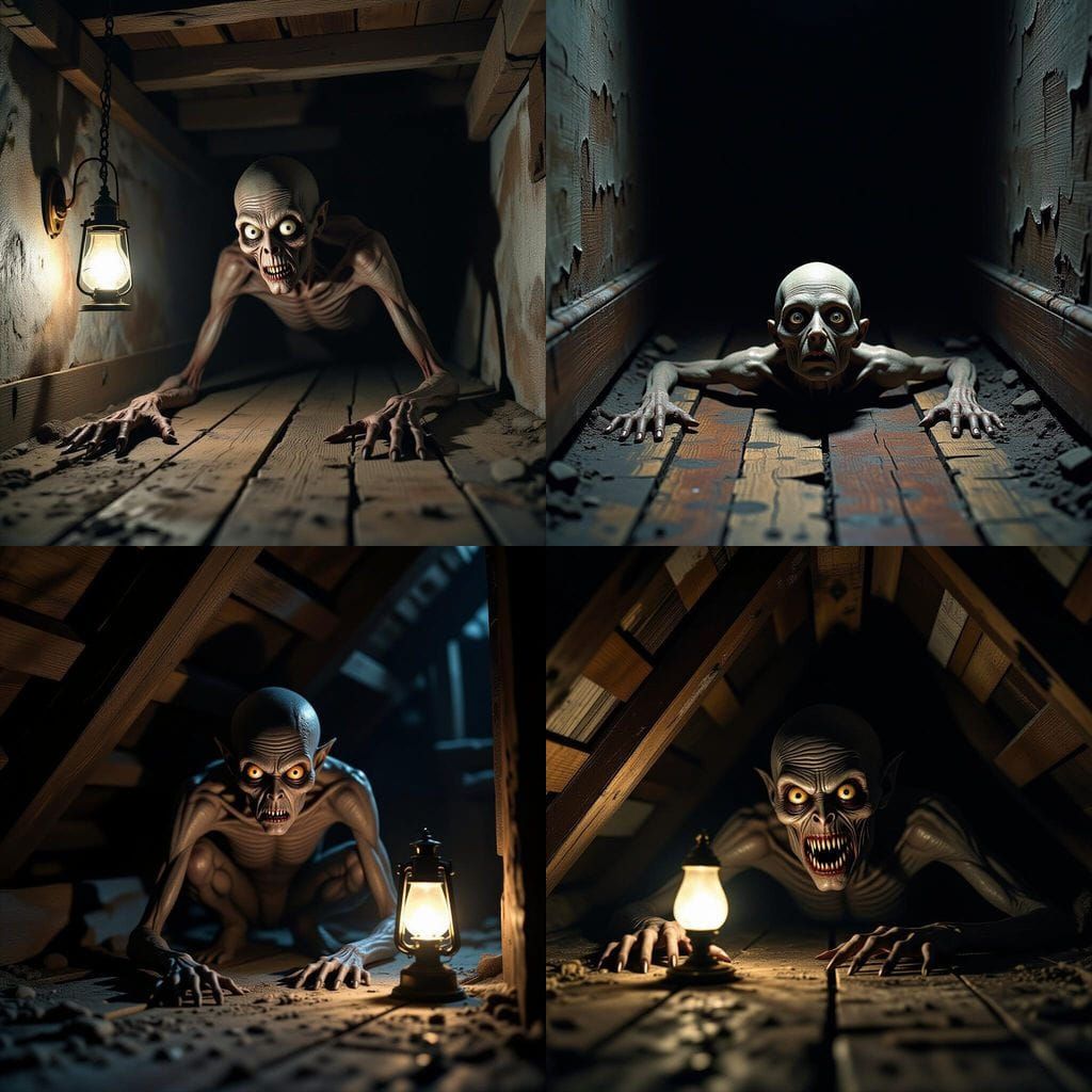 Pale Creature Hiding Under Floorboards in Dusty Room