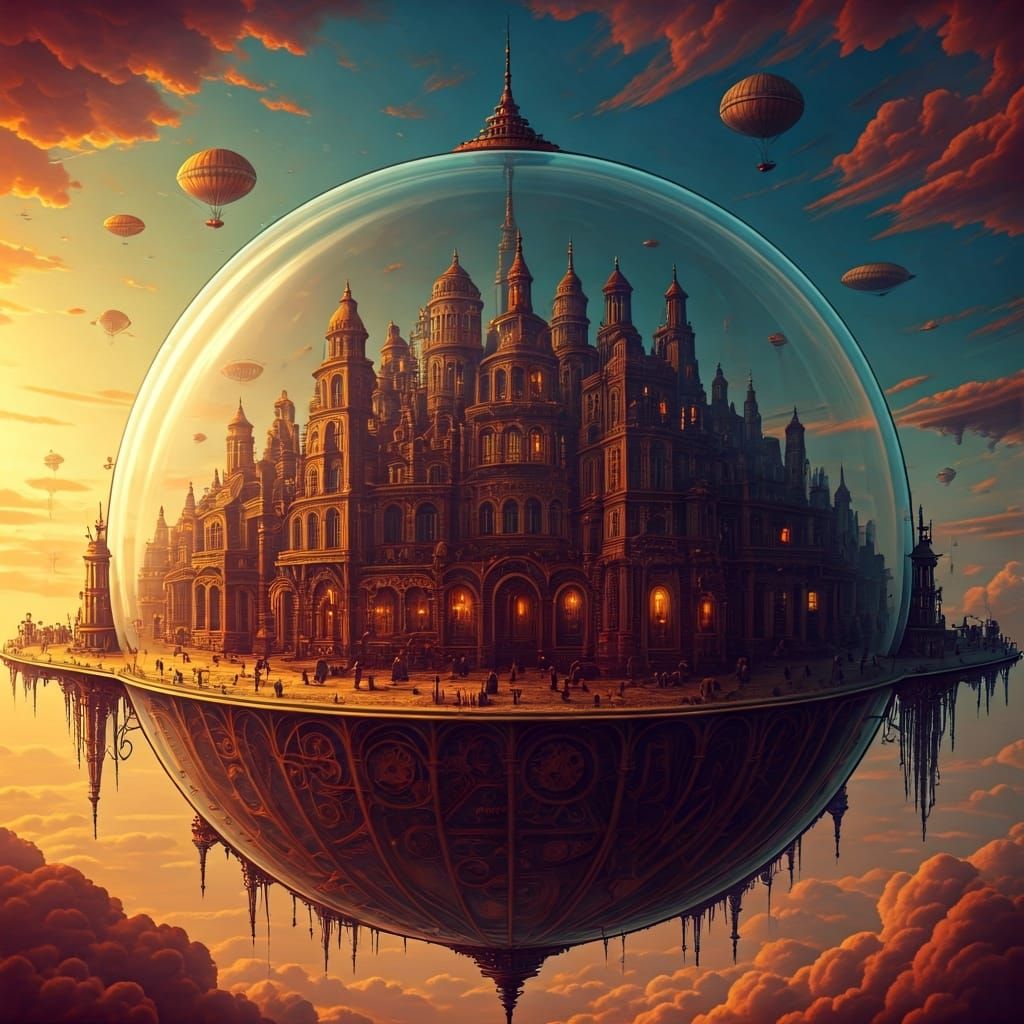 Steampunk City in Bubble Drifting in Copper Sky