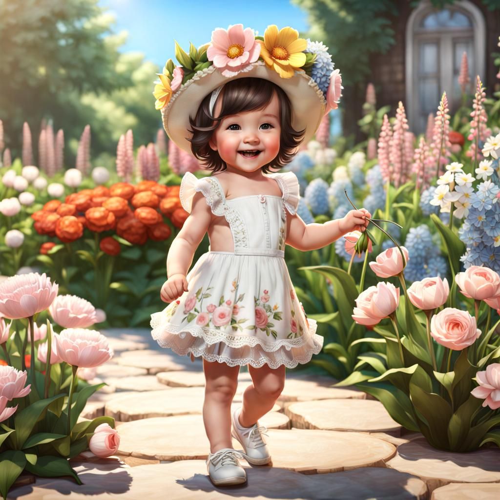 Happy Chibi Toddler in Spring Garden, Rococo Style