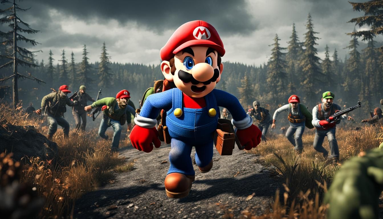 Super Mario vs Zombies in Hyperrealistic Style