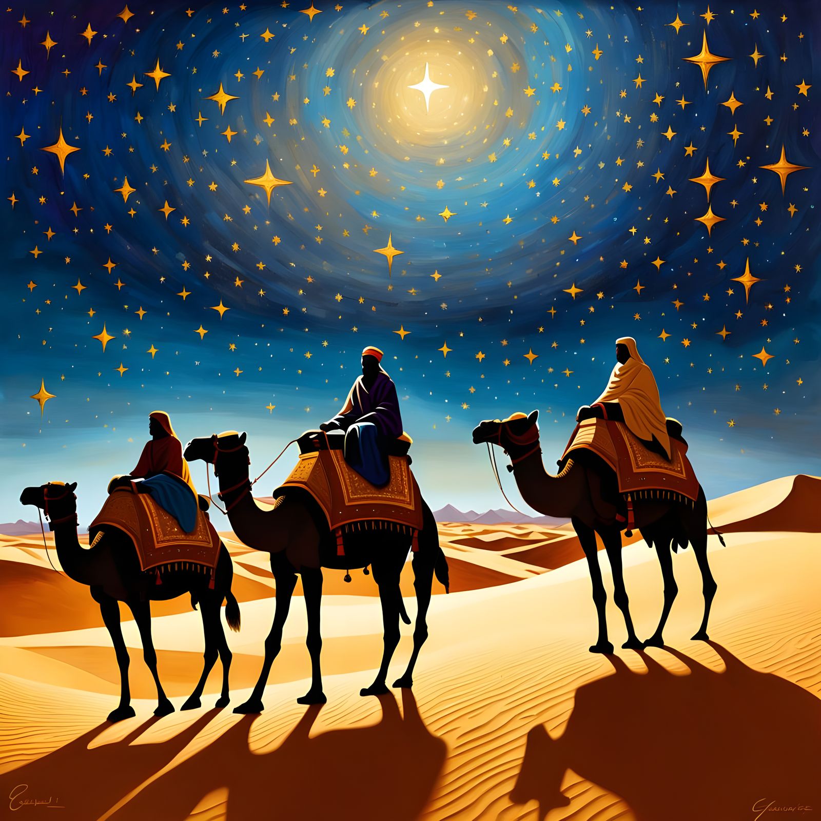 Ancient Wise Men Ride Camels into Arabian Desert Night