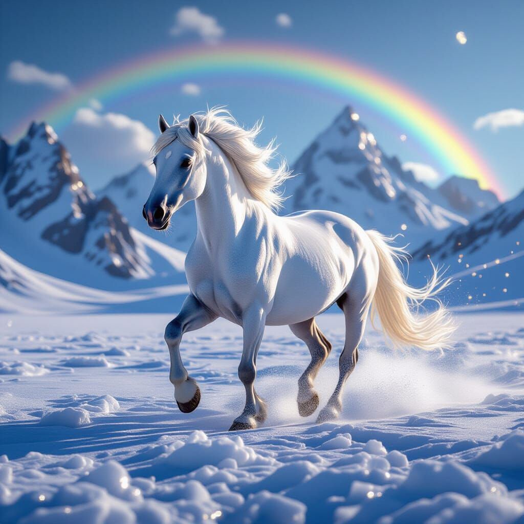 Majestic Horse Gallops on Crystalline Plain with Gemstone Mo...