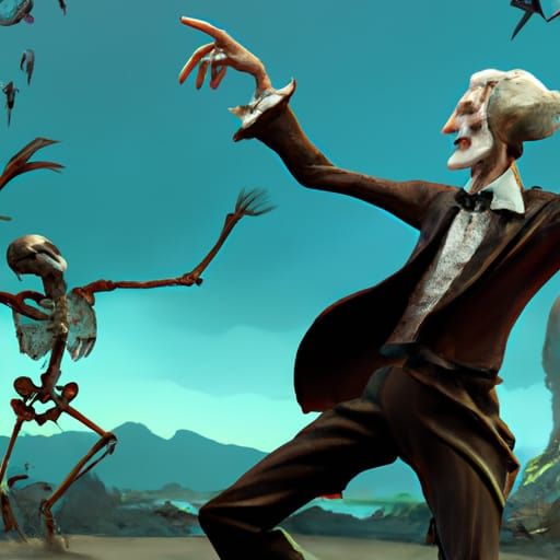 Vincent Price Dancing with Skeleton in Dark Fantasy Style