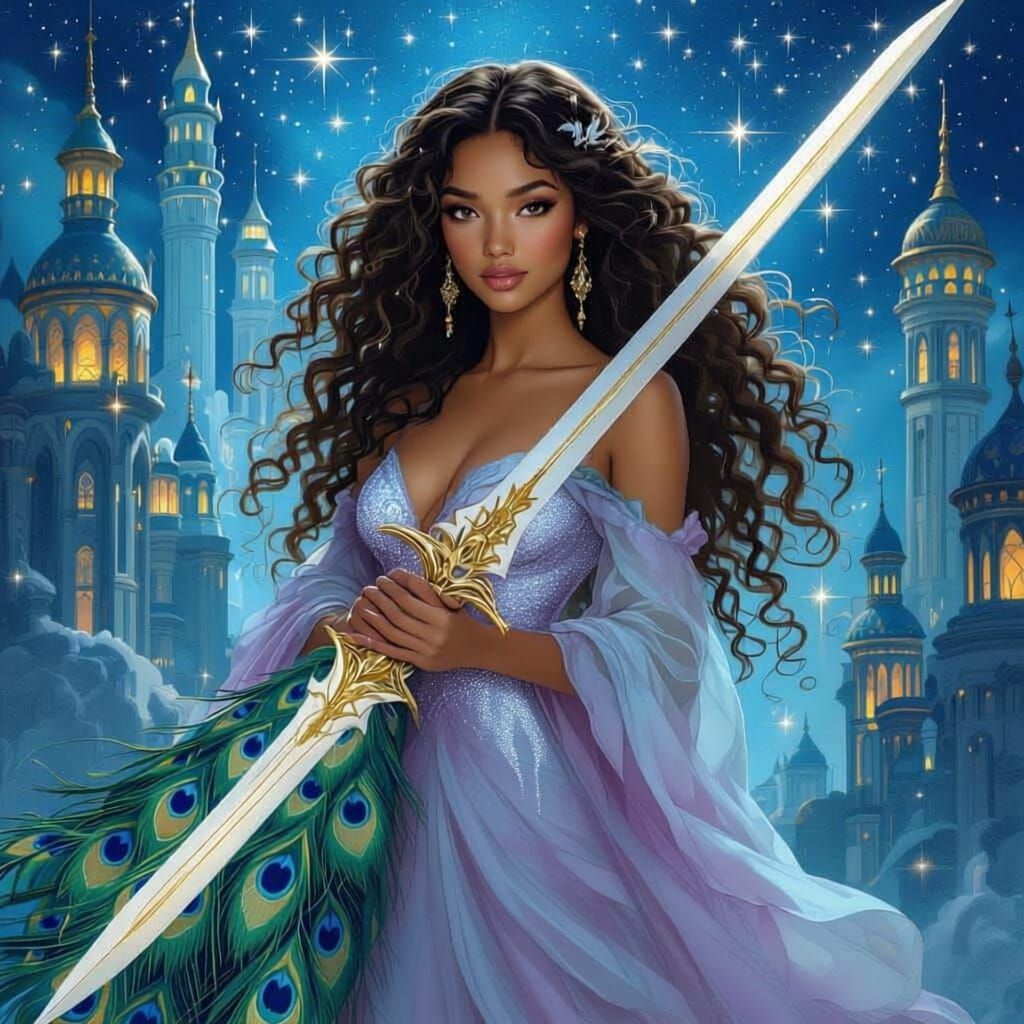Fantasy Woman with Sword in Ethereal Cityscape
