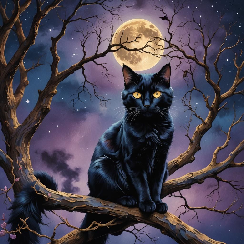 Two-Tailed Cat in Moonlit Night: Fantasy Concept Art