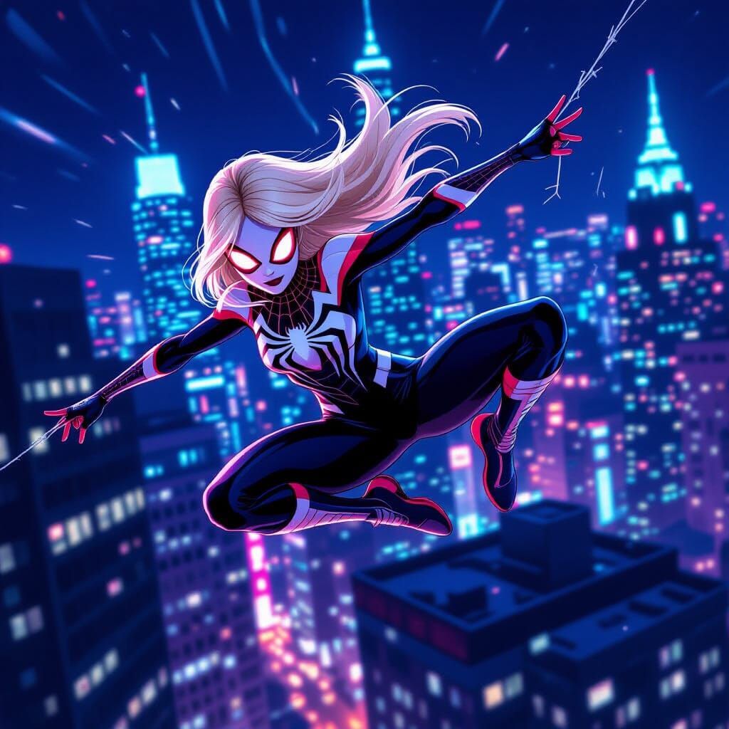Ghost-Spider Gwen Stacy Backflips Off Rooftop at Night