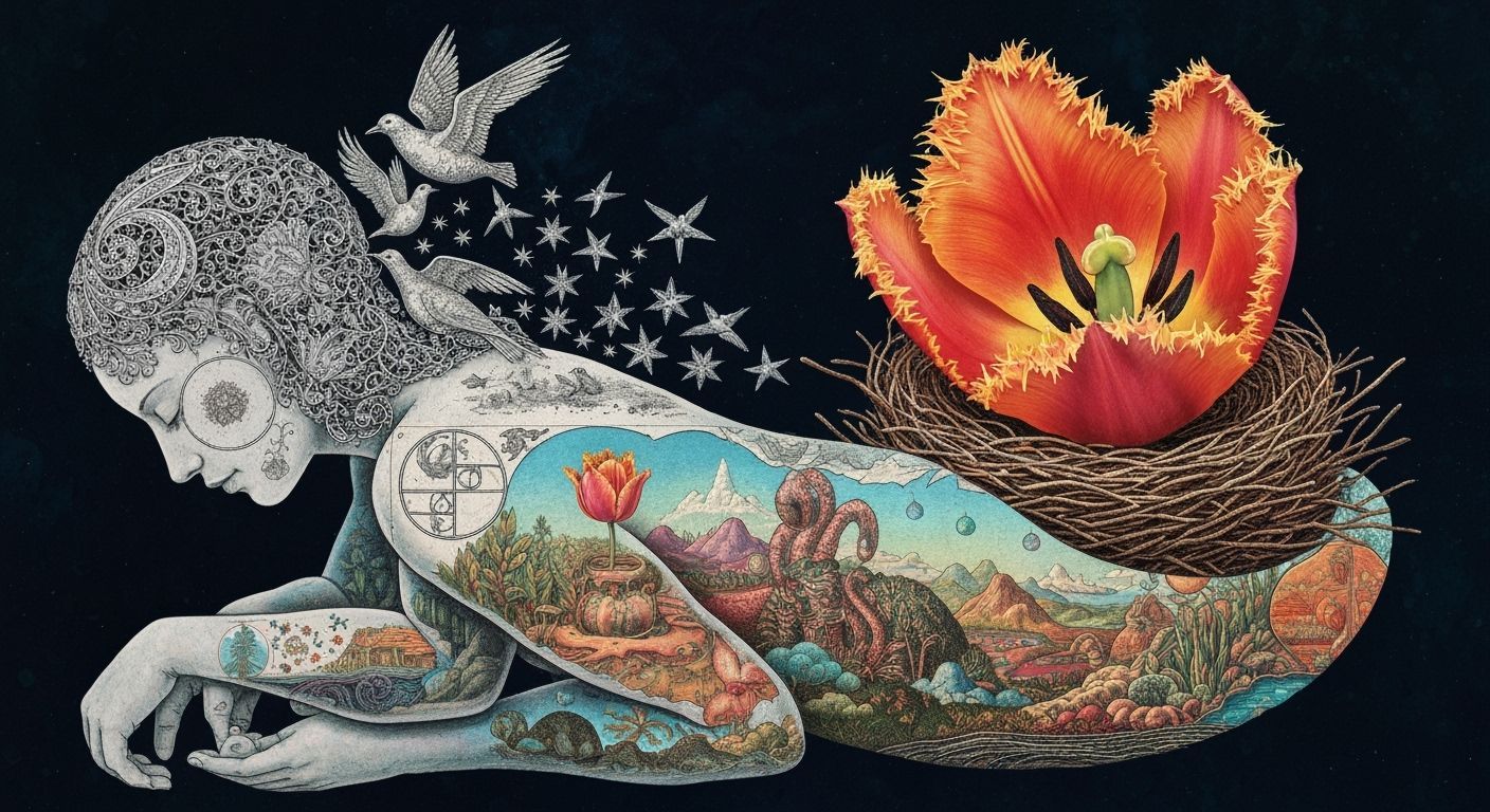 Surreal Woman Carries Star Nest, Nature's Intertwined Cosmic...