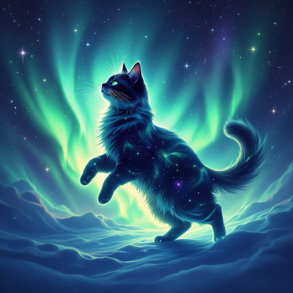 Aurora Borealis Cat Dancing in Cosmic Night Sky