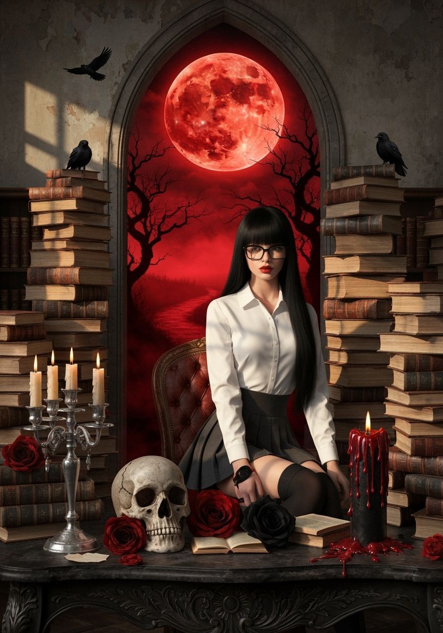 Gothic Scholar Under Blood Moon in Ancient Library