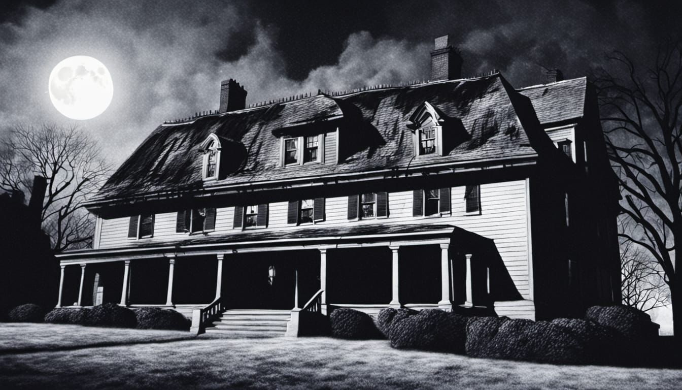 Amityville House at Night in Ominous Oil Painting